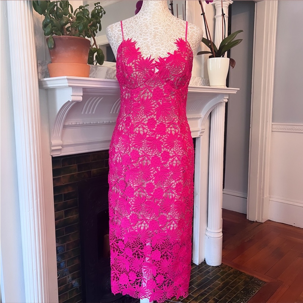 Bardot Hot Pink Lace Midi Dress